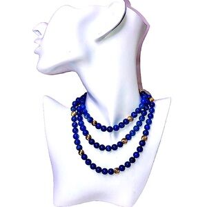 VINTAGE Lapis Lazuli 14k Gold Sculpted Beads & Clasp Hand Knotted Necklace